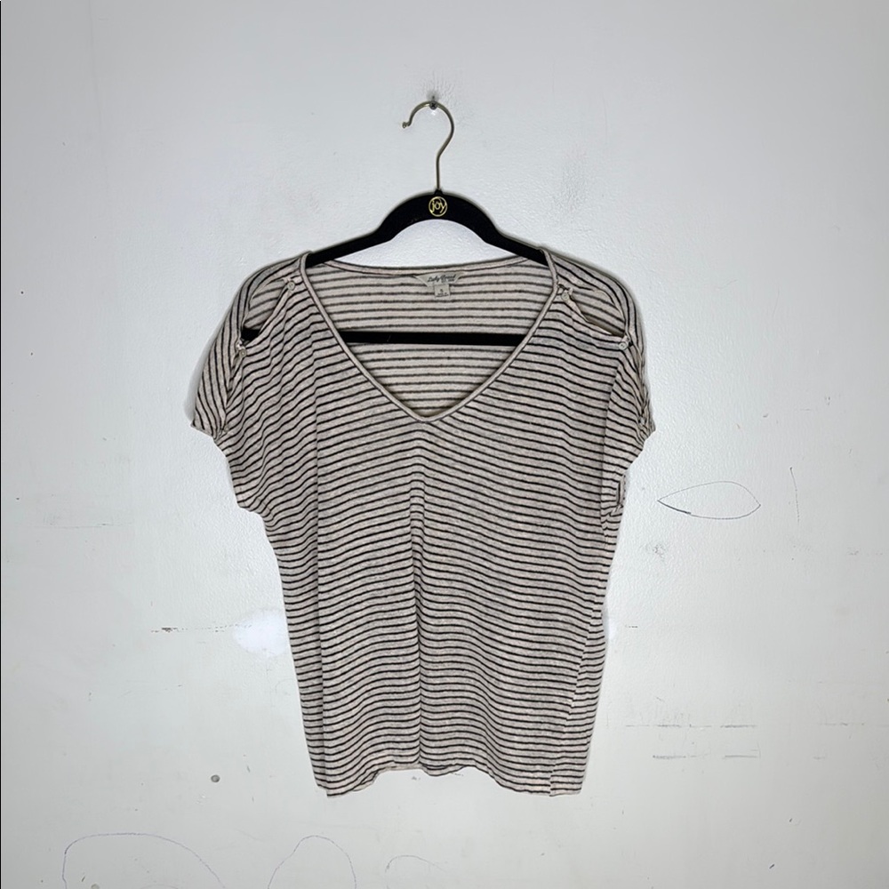 Lucky Brand Black and Tan Linen Button Detail Short Sleeve Top Size Small